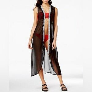 Steve Madden Black Long Tassel Sleeveless Maxi Duster Swimsuit Coverup